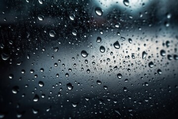  rain drops on the window of a car in the rain, with a blurry background of a building in the distance and a street light in the distance.  generative ai