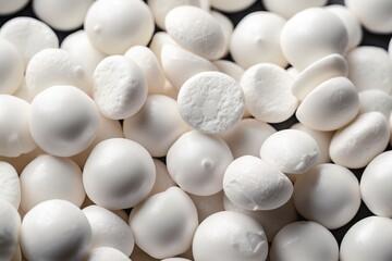  a pile of white marshmallows sitting on top of a table next to each other on a black tablecloth with a white background.  generative ai