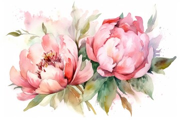  a watercolor painting of two pink peonies with green leaves and buds on a white background with a watercolor splash of pink peonies and green leaves.  generative ai