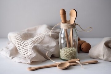  a glass jar with spoons and a wooden spoon on a white tablecloth with a cloth bag and two wooden spoons on the table.  generative ai