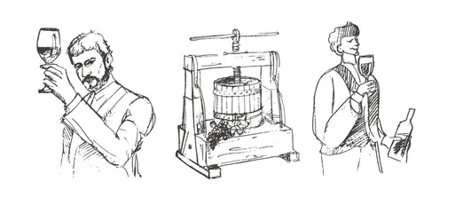 Hand drawn Illustrations for winemaking. Man carries barrels of wine in a cart. Men carry wine barrels. The man on the boat. Confident male sommelier examining glass with wine  near the wooden shelf. - obrazy, fototapety, plakaty