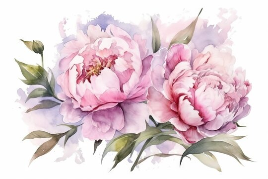  two pink peonies with green leaves on a white background with a watercolor splash effect in the middle of the image and the peonies are also pink peonies.  generative ai