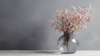  a glass vase filled with pink flowers on top of a table.  generative ai