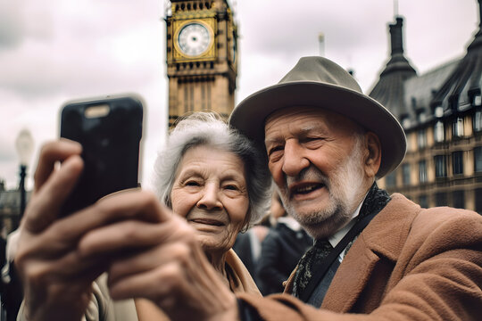 Elderly couple family pensioners grandparents travel trip vacation, take selfie photo from smartphone on the background of clock tower Big Ben London river thames. Generative AI.