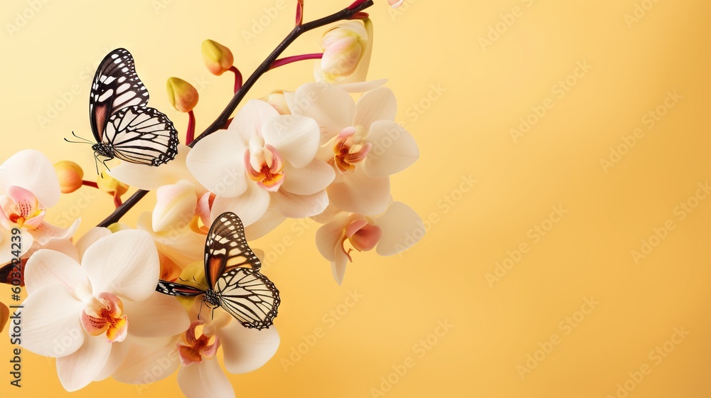 Poster a branch with a bunch of flowers and two butterflies on it. generative ai