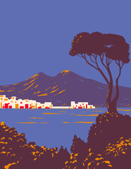 WPA poster art of Pine of Naples with a view of the city and the Gulf or Bay of Naples with Mount Vesuvius in the background at dusk in Italy done in works project administration or Art Deco style. - 603224258