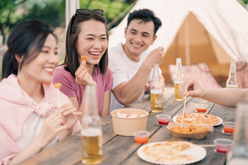 Group Asian people picnic outside