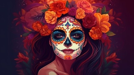 Dia de los Muertos or day of dead, Mexican Sugar skull girl, Generative Ai