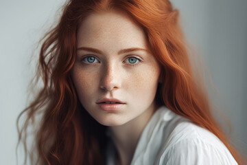 Beautiful young woman close-up portrait. Beauty girl with red hair, big beautiful eyes, natural makeup, long curly hair, perfect face. Generative ai illustration
