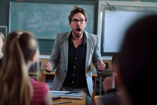 Educational concept theme, portrait of the angry teacher man yells at students emotionally expressing dissatisfaction bad behavior about the performance of the group class team. Generative AI.