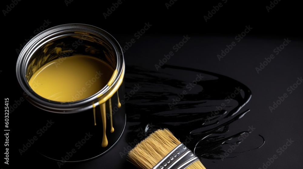 Poster a paint can with a brush next to it on a black surface. generative ai