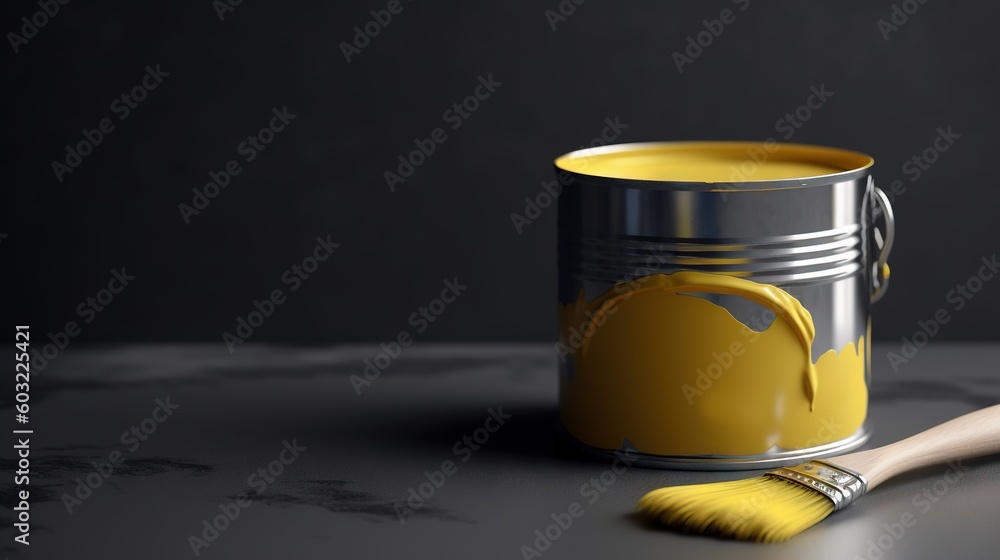 Poster a paint can with a brush next to it on a table. generative ai