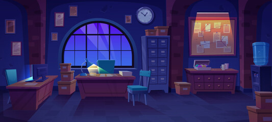 Night police office station interior room. Dark inside bureau cartoon background with lamp and computer light ray. Law security agency cabinet with window for investigator workplace with table