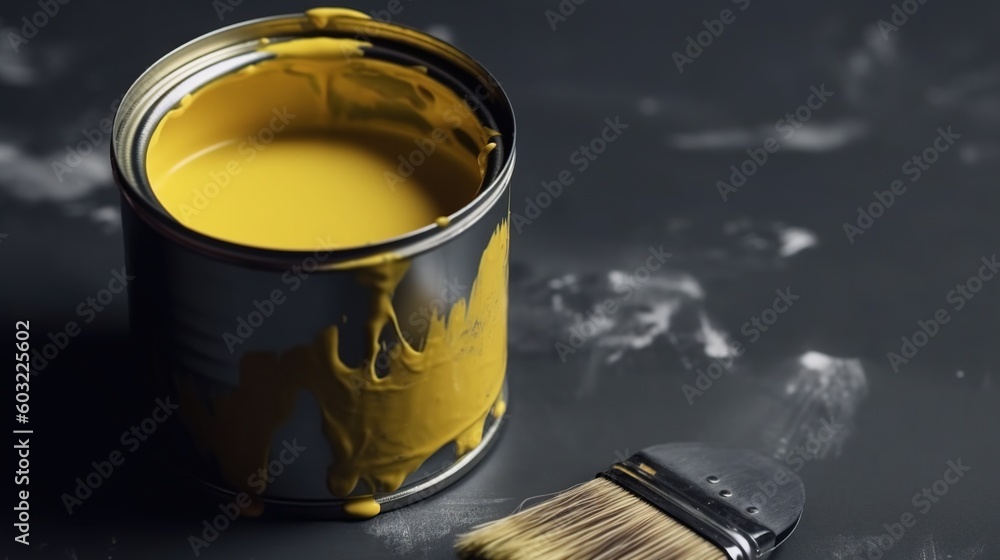 Poster a paint can with a brush next to it on a table. generative ai