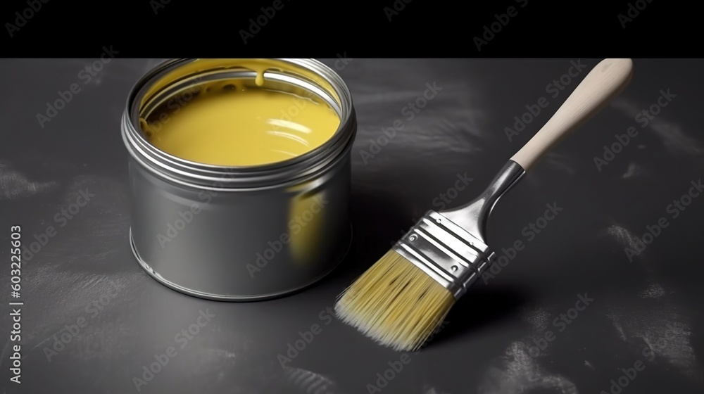 Poster a paint can with a brush next to it on a table. generative ai
