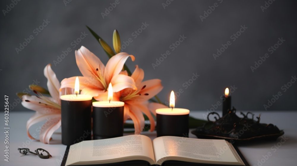Poster an open book sitting on top of a table next to candles. generative ai