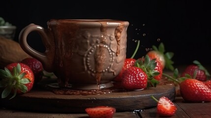  a cup of chocolate and strawberries on a wooden table.  generative ai