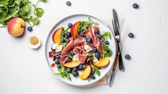  a white plate topped with a salad covered in fruits and meat.  generative ai