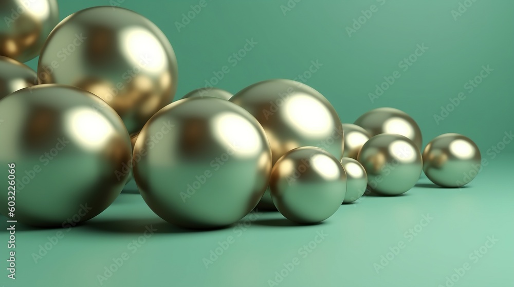 Poster a group of shiny balls sitting on top of a table. generative ai