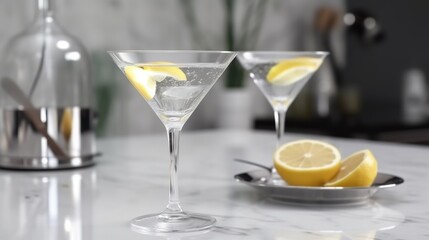  two martini glasses with lemon wedges on a marble counter.  generative ai