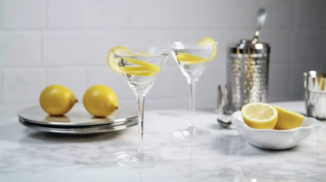  a table topped with two glasses of lemonade and a plate of lemons.  generative ai