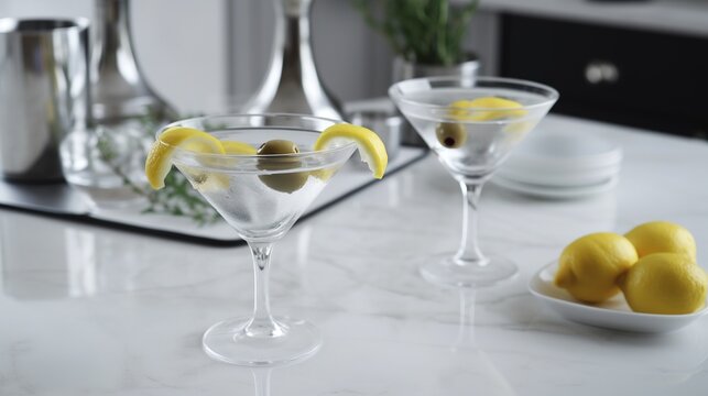  two martini glasses with lemons and olives in them.  generative ai