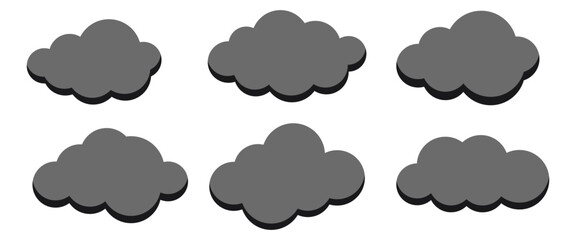 Obraz premium Smoke grey clouds vector icon set isolated on white background. Cartoon dark fluffy clouds collection for pollution heaven scene and backgrounds. Flat design cumulus clip art vector illustration.