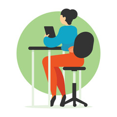 Woman sitting at the desk and using tablet. Flat style vector illustration.