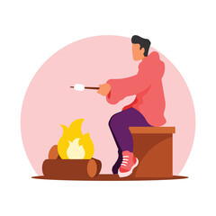 Man roasting marshmallows on the fire. Flat vector illustration.