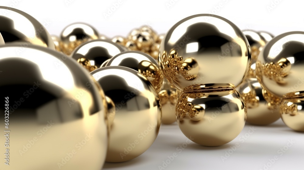 Poster a group of shiny gold balls on a white surface with a white background. generative ai