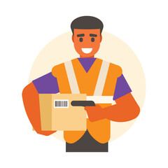 Delivery man with parcel flat vector illustration. Cartoon delivery man with a box.