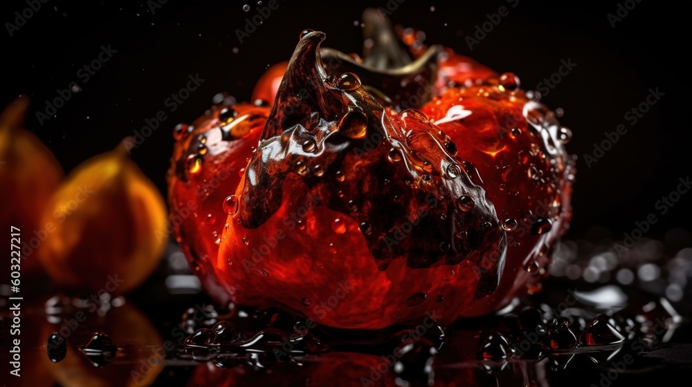 Poster a red apple with water splashing on top of it. generative ai