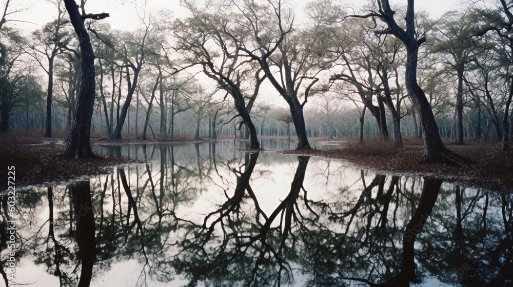 Poster a pond surrounded by trees and water in the middle of a forest. generative ai