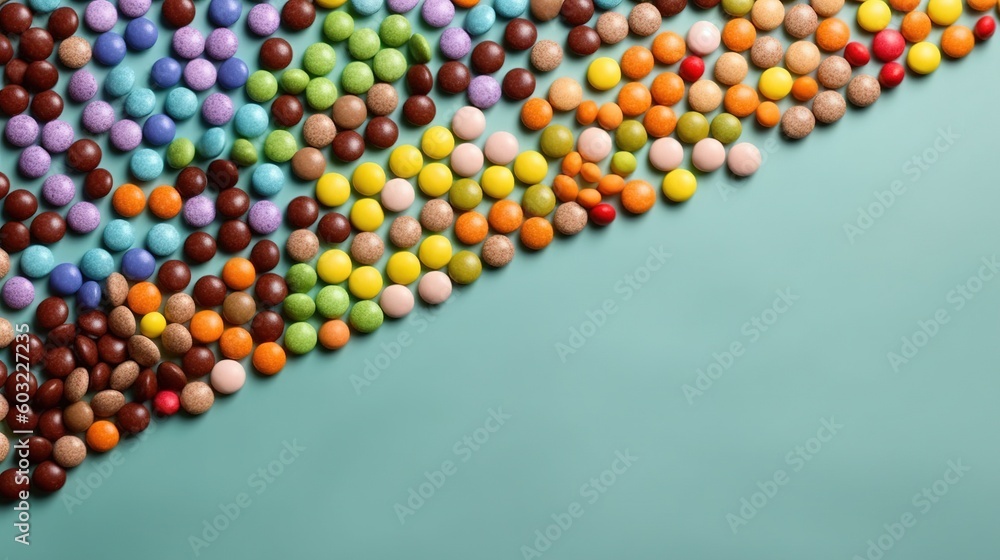 Poster a bunch of candy balls are arranged in a rainbow pattern. generative ai