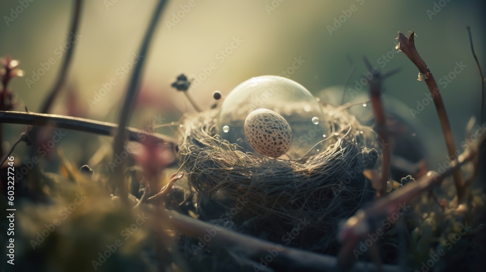 Poster a bird's nest with a white egg in it. generative ai