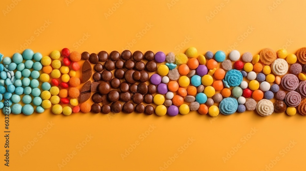 Poster a number of different types of candies on a yellow background. generative ai
