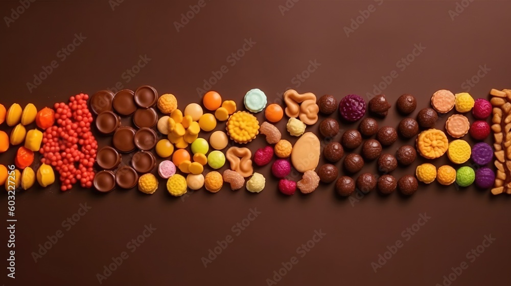 Poster a group of different types of candies and chocolates. generative ai