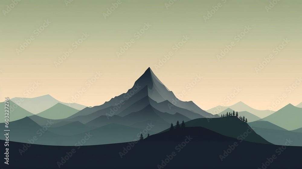 Poster a silhouette of a mountain with trees on top of it. generative ai