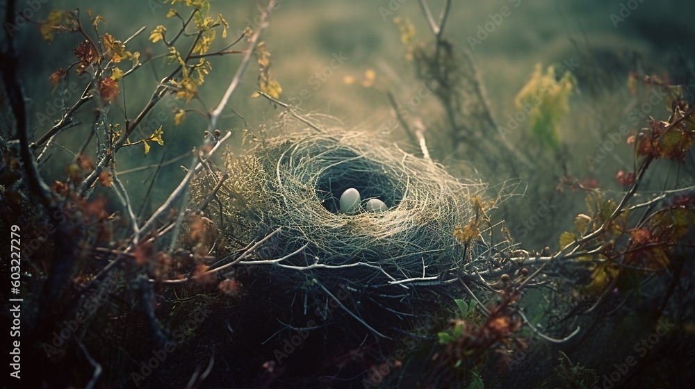 Aufkleber a bird's nest with two eggs in the middle of a tree. generative ai
