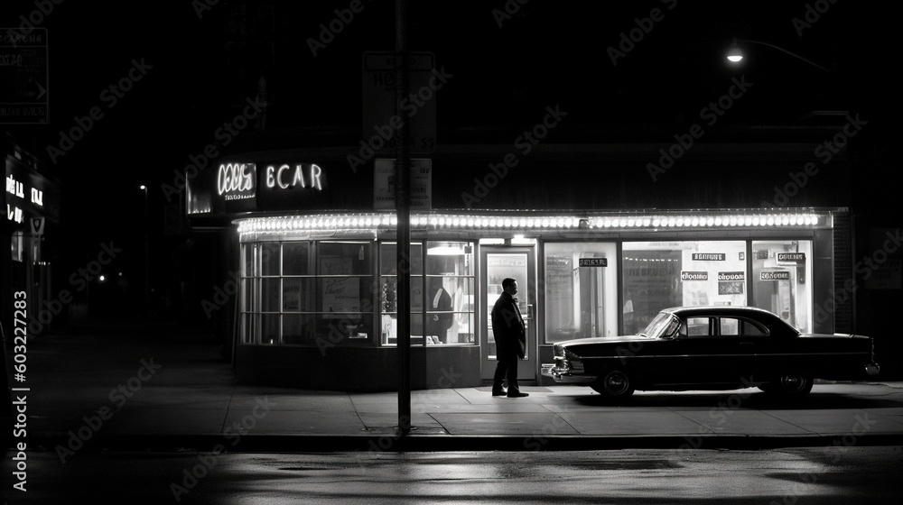 Poster a man standing in front of a car at night in front of a store. generative ai