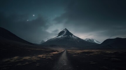  a long road leading to a mountain under a cloudy sky.  generative ai
