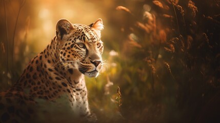  a large leopard sitting in a field of tall grass and flowers.  generative ai