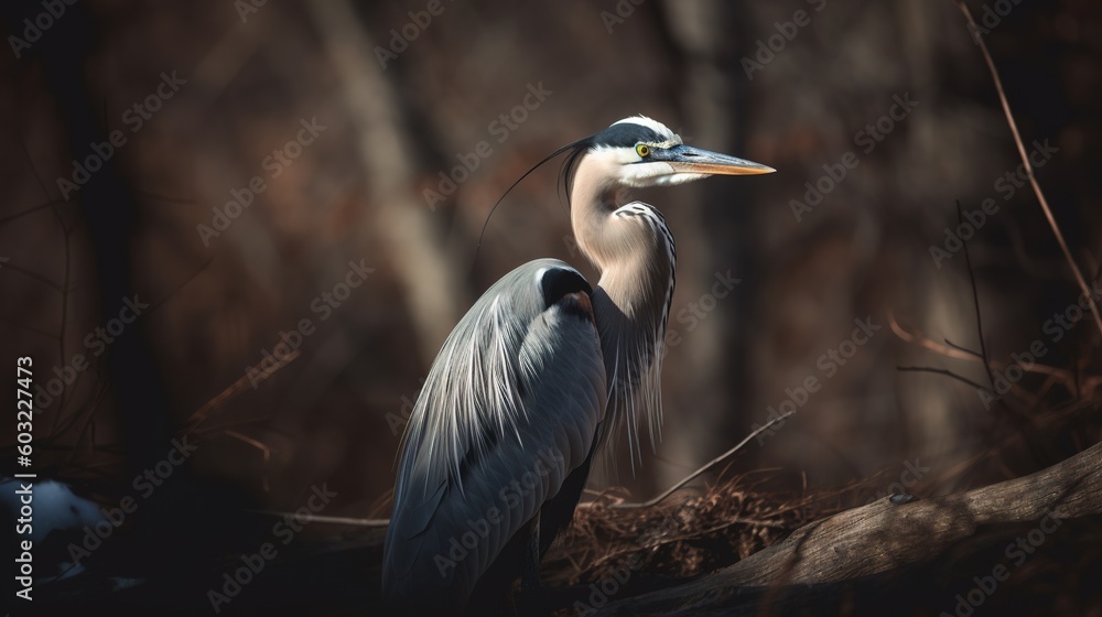 Poster a large bird standing on top of a tree branch in a forest. generative ai