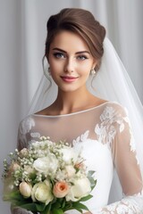 Naklejka premium Portrait a beautiful bride with flower bouquet ai generate
