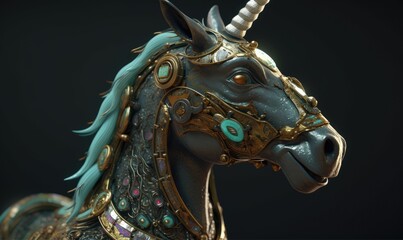 The mythical creature, the anthropomorphic unicorn, dons majestic military armor. Creating using generative AI tools