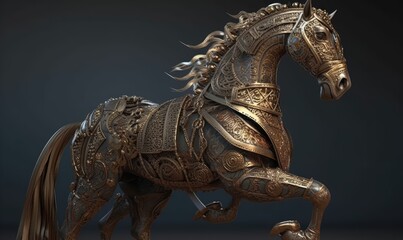 The majestic anthropomorphic horse gallops fearlessly, adorned in shining military armor. Creating using generative AI tools