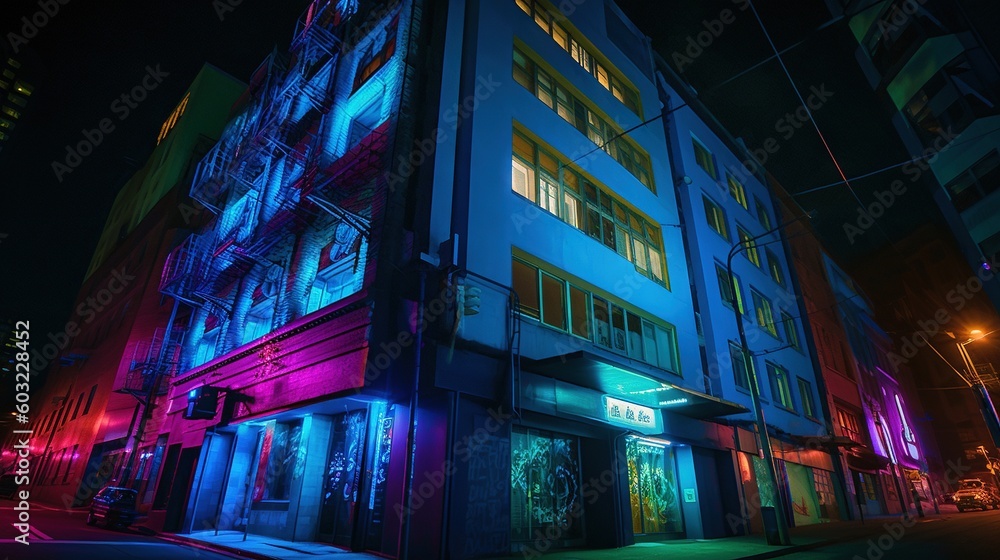 Poster a tall building with neon lights on the side of it. generative ai