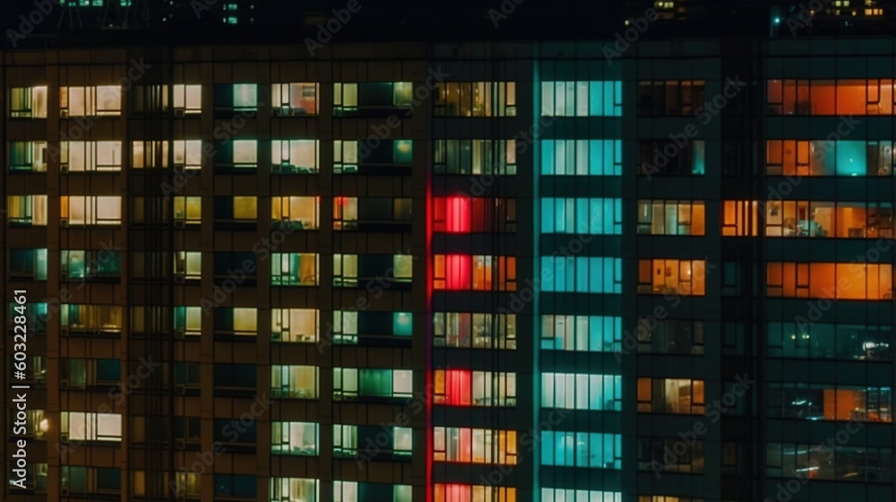Poster a tall building with many windows lit up in the night. generative ai