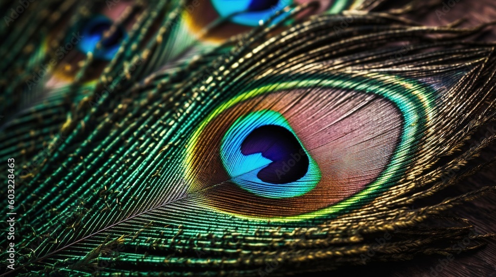 Poster a close up of a peacock's feathers with its feathers showing. generative ai
