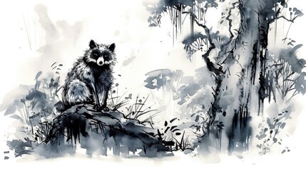  a painting of a raccoon sitting on a tree branch.  generative ai
